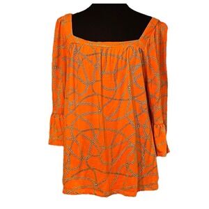 Michael Kors Women's Size L Orange Gold Chain Print 3/4 Bell Sleeve Blouse‎ Top
